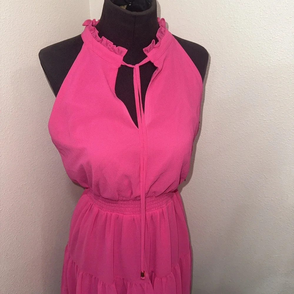 Vince Camuto NWT mini chiffon halter Dress sz 4pink tiered elastic waist Ruffled